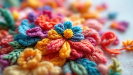 Artistic Floral Embroidery: A close-up shot showcases a vibrant array of embroidered flowers in an artistic composition. The detailed stitching, vivid hues.