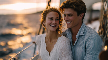 The couple leans on the railing of their sailboat, smiling warmly at each other as the golden sun sets, ocean waves gently rippling in the background,