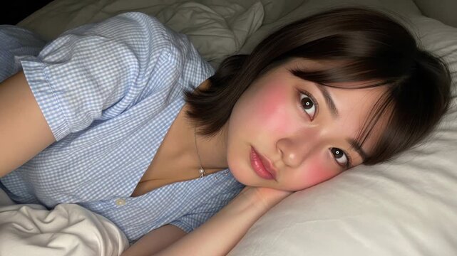 ほろ酔いでベッドに横になり、寂しげに見つめる女性