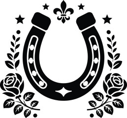 Lucky Horseshoe Western Graphic with Stars, Roses, and Fleur-de-Lis &ndash; Black and White Stencil Design