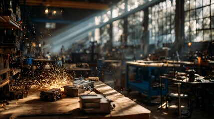 Sparks fly as metal worker welds in a busy industrial workshop environment