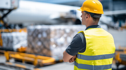 Close-up of a focused man in a reflective safety vest and hard hat, arms crossed, watching ground crew load cargo onto a massive airplane, the tarmac bustling with activity and equ