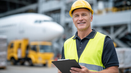 A man in safety vest and hard hat stands beside a jet on the tarmac, clipboard in hand, supervising the seamless loading of cargo pallets, airport vehicles moving efficiently in th
