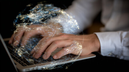 Hands typing on a modern laptop keyboard, a semi-transparent digital globe overlay pulsating with interconnected data streams, symbolizing the flow of global information,