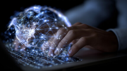 A pair of strong male hands tapping on laptop keys, overlaid with a luminous digital globe spinning slowly, lines and dots connecting continents in a futuristic tech theme,