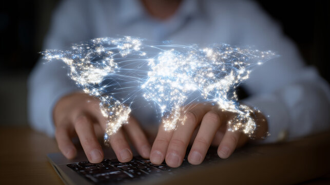 Detailed view of male fingers typing, with a glowing digital globe overlay featuring network nodes and digital lines linking continents, creating a high-tech, global connection vib