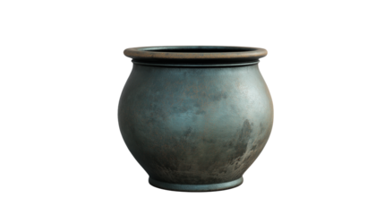 A traditional clay pot with a rustic texture and earthy brownish blue color on a clean white background or transparent png 