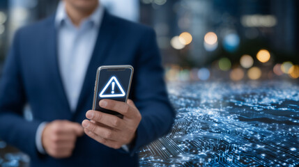 Businessman in suit holding a smartphone with a pulsating warning icon on screen, behind him a futuristic backdrop of interconnected glowing circuits and data streams emphasizing t