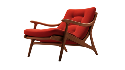 modern red sofa armchair with cushioned seat and backrest, upholstered fabric, isolated on white background or transparent png 