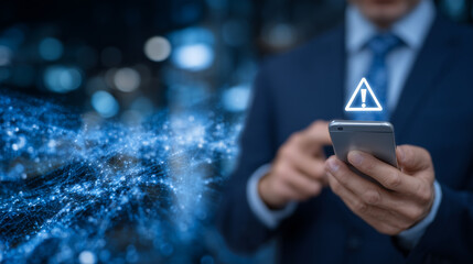A close-up on a businessmanâs hand gripping a smartphone, the screen illuminated with a sharp warning symbol, the background filled with luminous cybernetic web of connections illu