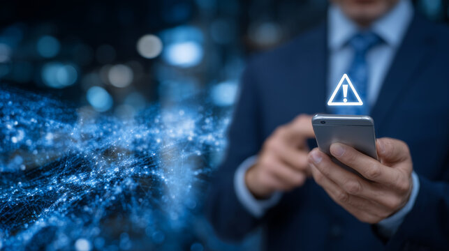 A close-up on a businessmanâs hand gripping a smartphone, the screen illuminated with a sharp warning symbol, the background filled with luminous cybernetic web of connections illu - Powered by Adobe