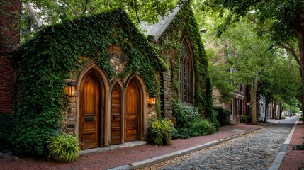 Fototapeta premium Stone church with ivy, wood doors on a cobblestone street