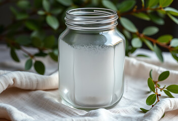 Clear glass jar filled with white powder or liquid on a textured cloth with green foliage background