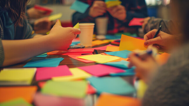 People working together at a table covered in colorful sticky notes and writing with pens on them