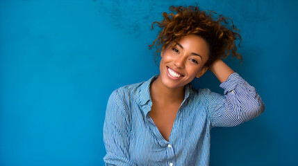 Young woman smiling and touching hair on blue background