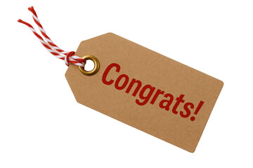 Brown Kraft Paper Gift Tag with Red "Congrats!" Text and Red and White Twine String