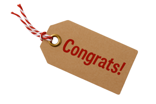 Brown Kraft Paper Gift Tag with Red "Congrats!" Text and Red and White Twine String