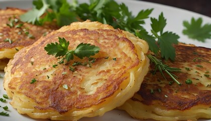 closeup of crispy potato pancakes with seasoning and herbs