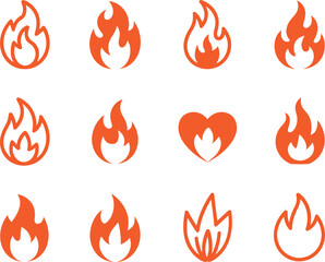 Collection of stylized orange flame icons on a white background