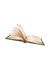 Fototapeta premium Watercolor illustration of an open book with flipping pages. Artistic style in warm beige tones, isolated on a transparent background. Perfect for educational materials, logos, posters, stationery