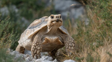 Obraz premium Close-up of a majestic tortoise in its natural environment, walking forward