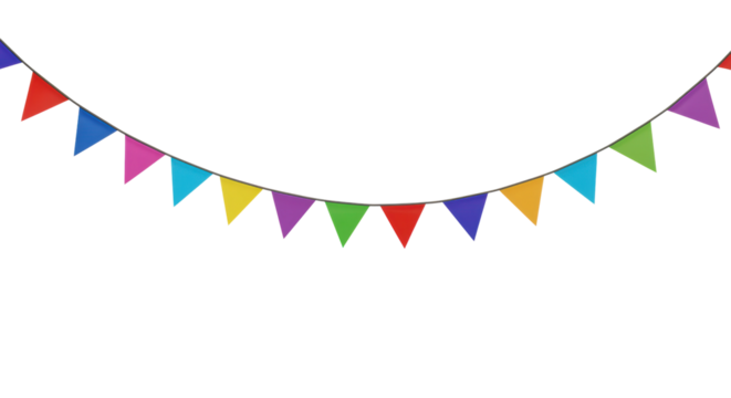 Colorful bunting decoration for celebrations party venue festive atmosphere eye-level joyful theme. Cut out png