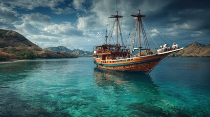 Obraz premium Tropical island sailboat cruise, calm sea, hills