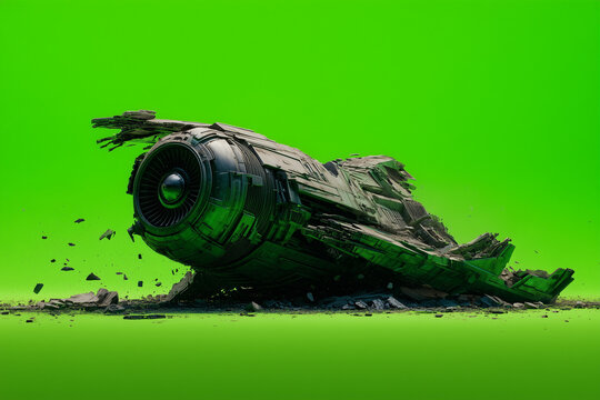 spaceship, wreck, crash, sci-fi, science fiction, futuristic, space, starship, vehicle, green screen, isolated, damaged, ruin, destroyed, 3D render, alien, technology, spacecraft, wreckage, futuristic