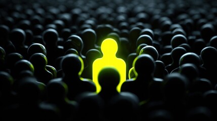 Fototapeta premium A vibrant yellow figure illuminated brightly, distinct from a sea of shadowy individuals.
