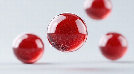 Red, transparent spheres float, creating an abstract and artistic display of liquid and light.