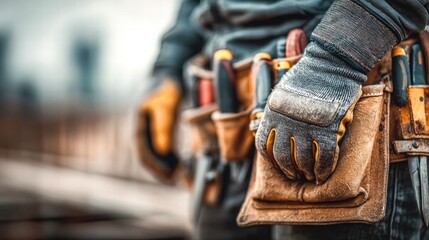 Naklejka premium A construction worker's tool belt with gloves, perfect for projects and repairs.