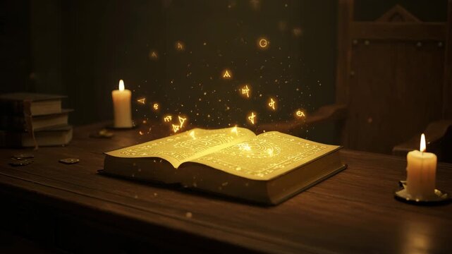 An open magic book with glowing symbols rising from the pages