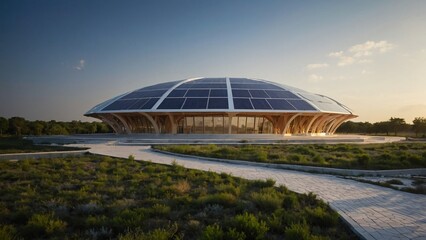 Sustainable Dome Architecture with Solar Panels and Wooden Structure