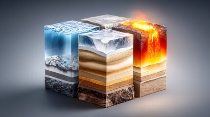 This unique illustration showcases the earth's layers, including water, ice, and molten lava, in a neat cube design.