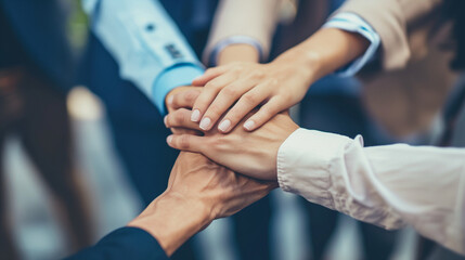 Menschen legen Hände übereinander