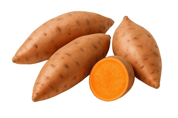 Fresh Orange Sweet Potatoes, One Cut in Half Revealing Vibrant Interior, Isolated on Black