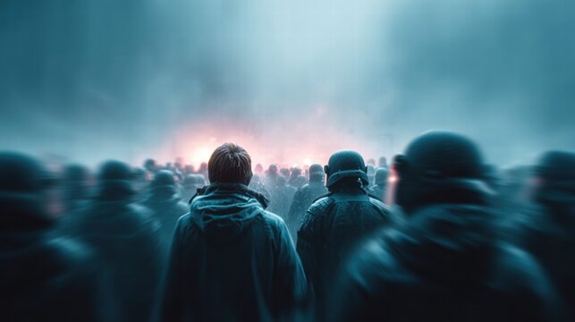 A multitude of people moves together through a dim, atmospheric environment towards a glowing light.