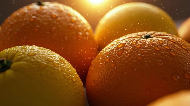 A close-up shot of wet oranges with a bright light