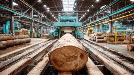 An industrial lumber mill processes a large log with precision machinery for construction.