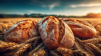 Three loaves of freshly baked bread resting on a bed of golden wheat, bathed in sunlight.