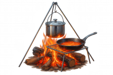 Campfire metal pot suspending over burning wood, cast-iron skillet preparing rustic meal during wilderness cooking scene