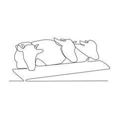 One continuous line drawing of Cow are eating grass vector illustration. Animal themes design concept in simple linear continuous line. Great vector design for animal farm business campaign.