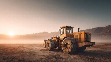 A majestic yellow loader stands on a dusty terrain, bathed in the warm light of the setting sun.
