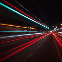 Vibrant Night City Lights and Traffic Trails on Street.