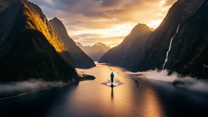 Serene lake ride amid towering mountains - Powered by Adobe