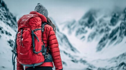 A hiker in red jacket, enjoying the view of the snow-covered mountains and winter
