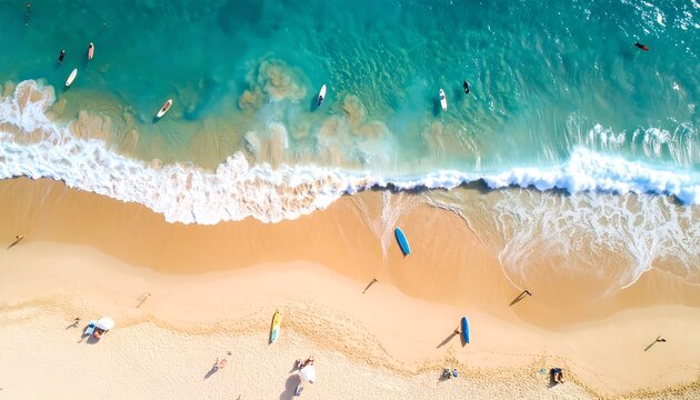 Aerial view surfers tropical beach.
