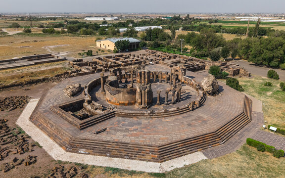 Aerial view of Zvartnots Cathedral in Armenia on a sunny day