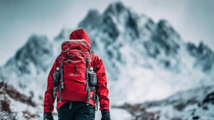 A hiker in a red jacket gazes at a snow-covered mountain range, embracing the winter season.