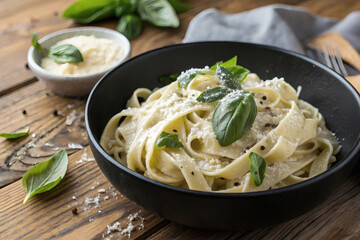 Close-up of creamy fettuccine pasta with fresh basil garnish and grated Parmesan, served in a matte black bowl on a rustic wooden table.